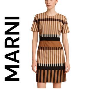 Marni Striped Brown and Black Shift Short Sleeves 💯 Silk Dress 42